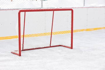 Hockey nets on outdoor skating rink.