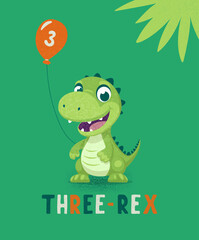 Vector Happy and Smiling Dinosaur. Cartoon Green Dinosaur Tyrannosaurus Rex, Tyrex with Outline on Skateboard, Design Template, Skater Dinosaur. Funny Print, T-shirt Design for Kids