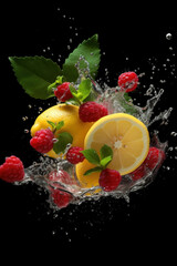 Lemon and raspberries, refreshing, clean, with water splash. Generative AI.