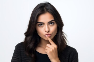 Fototapeta premium Medium shot portrait photography of a glad girl in her 20s making a silence gesture by putting the index finger on the lips against a white background. With generative AI technology