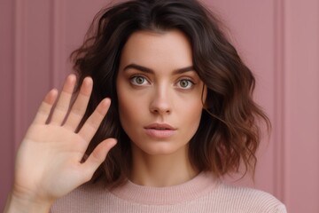 Fototapeta premium Close-up portrait photography of a glad girl in her 30s making a sorry gesture with hands together against a pastel or soft colors background. With generative AI technology