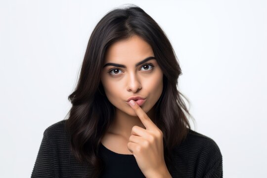 Medium shot portrait photography of a glad girl in her 20s making a silence gesture by putting the index finger on the lips against a white background. With generative AI technology