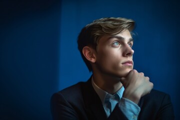 Photography in the style of pensive portraiture of a satisfied boy in his 20s putting the hand on the chin as if thinking against a royal blue background. With generative AI technology