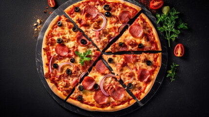 top view on a  hot italian pizza with olives, ham, salami and tomatoes