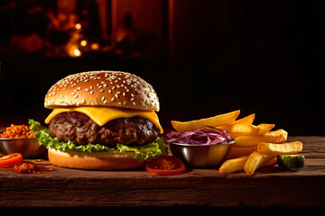 delicious fresh hot triple -  large burger with french fries 