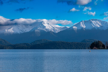 Photograph of Te Anua Lake in the township of Te Anau in Fiordland on the South Island of New Zealand