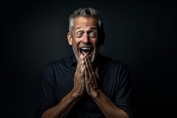 Fototapeta premium Medium shot portrait photography of a satisfied mature man making a surprise gesture by covering one's mouth against a deep indigo background. With generative AI technology