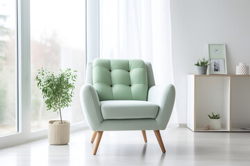 comfortable light green armchair in the white living room by the window. Stylish room interior. Generative AI