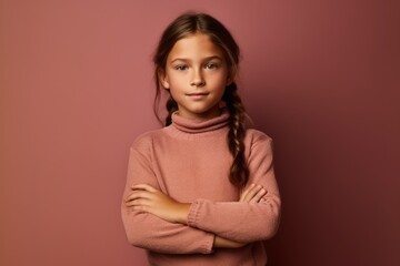Fototapeta premium Medium shot portrait photography of a satisfied kid female crossing the arms against a dusty rose background. With generative AI technology