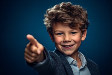 Headshot portrait photography of a joyful boy in his 30s pointing at oneself with the index finger against a navy blue background. With generative AI technology