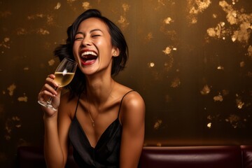 Medium shot portrait photography of a glad girl in her 30s placing the hand over the mouth in a laughter gesture against a champagne gold background. With generative AI technology