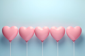pink balloons in the form of hearts on a light blue background. Generative AI