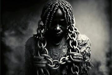 Portrait of person wearing chains. Slavery and freedom concept. Realistic wall art. - obrazy, fototapety, plakaty