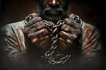 African slave squeezing chains. Slavery and freedom concept. Realistic wall art.