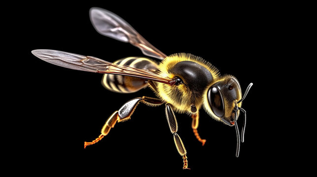 A close-up view of a bee on a black background. Generative ai