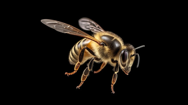 A close-up of a bee on a black background, showcasing its intricate details. Generative ai