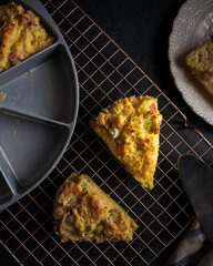 Ham-and-cheese scones with canadian bacon, cheddar cheese, and scallions.