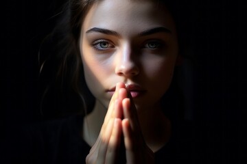 Naklejka premium Close-up portrait photography of a glad girl in her 20s putting hands together as if praying against a matte black background. With generative AI technology