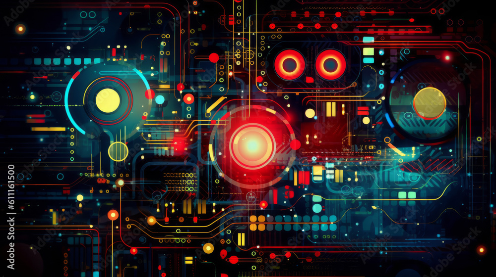 Poster a computer circuit board with colorful led lights. generative ai