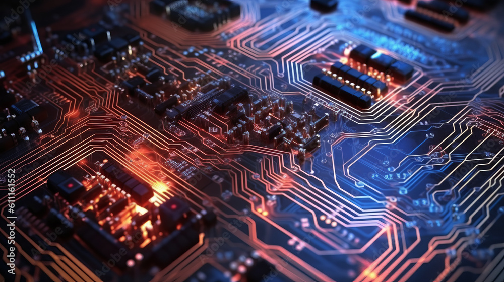 Fototapete A computer circuit board with close-up details. Generative ai