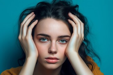 Naklejka premium Close-up portrait photography of a glad girl in her 20s holding the hand on the forehead in a headache gesture against a teal blue background. With generative AI technology