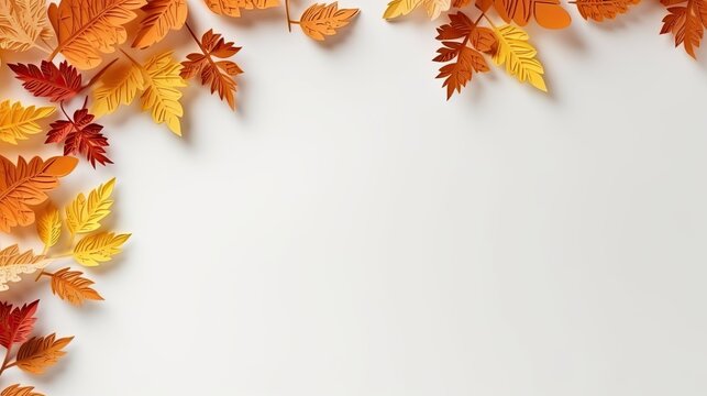 Autumn leaves on white background. Seasonal banner with paper cut leaves and copy space