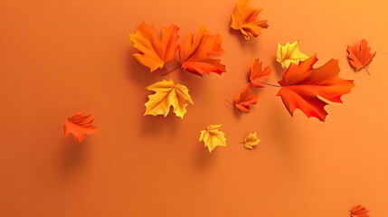 Fototapeta premium Flying fall maple leaves on autumn background. Falling leaves, seasonal banner with autumn leaf fall