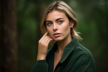 Photography in the style of pensive portraiture of a satisfied girl in her 30s making a i'm listening gesture with the hand on the ear against a forest green background. With generative AI technology