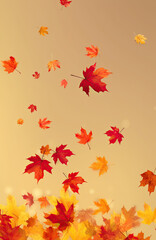 Flying fall maple leaves on beige background. Falling leaves, seasonal banner with autumn leaf fall