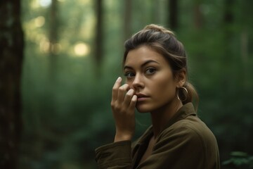 Photography in the style of pensive portraiture of a satisfied girl in her 30s making a i'm listening gesture with the hand on the ear against a forest green background. With generative AI technology