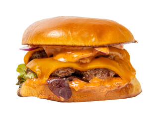 Double cheese bacon hamburger on white background	
