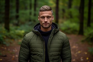 Headshot portrait photography of a glad boy in his 30s making a i'm cold gesture by hugging oneself against a forest green background. With generative AI technology