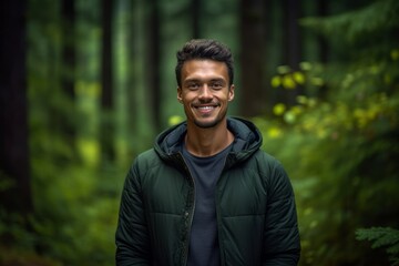 Headshot portrait photography of a glad boy in his 30s making a i'm cold gesture by hugging oneself against a forest green background. With generative AI technology