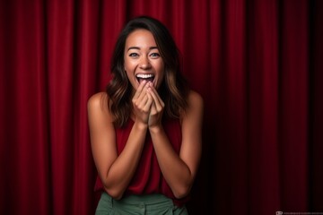 Lifestyle portrait photography of a grinning girl in her 30s making a surprise gesture by covering one's mouth against a rich maroon background. With generative AI technology