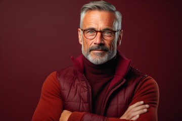 Close-up portrait photography of a glad mature man crossing the arms against a rich maroon background. With generative AI technology