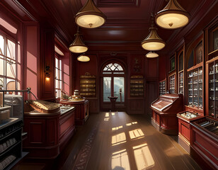 the interior of an old-fashioned food shop with sweets displayed on wooden shelves, cabinets and counters. generative ai illustration