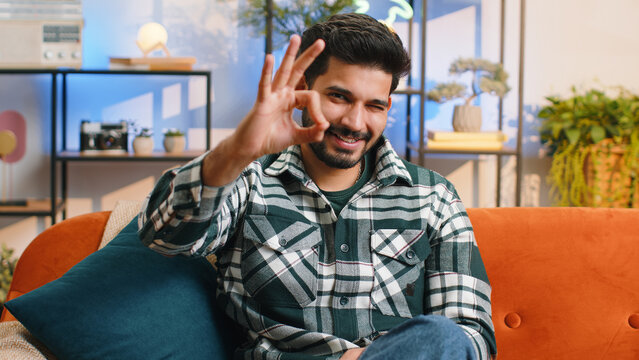 Okay gesture. Happy cheerful indian man looking approvingly at camera showing, positive like sign, approve something good in living room sitting on sofa. Hindu guy at modern home apartment. Lifestyles