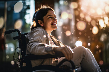 A woman sitting in a wheel chair smiling created with Generative AI technology