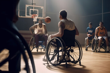 A group of men in wheelchairs playing basketball created with Generative AI technology