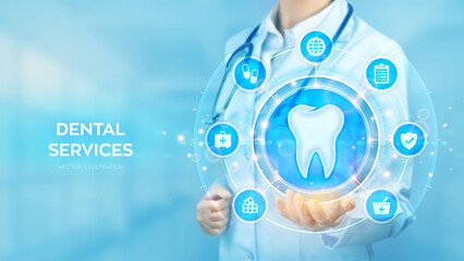 Dental servises. Dentistry concept. Dental insurance. Dental care, taking care of teeth. Doctor holding in hand tooth icon and medicine icons network connection on virtual screen. Vector illustration.