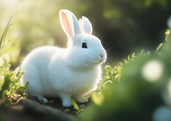 Close-up photo of a cute rabbit outdoors. Generative AI