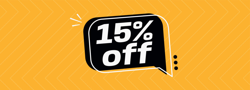15% off. Banner with special sale five percent off black speech bubble and yellow background.