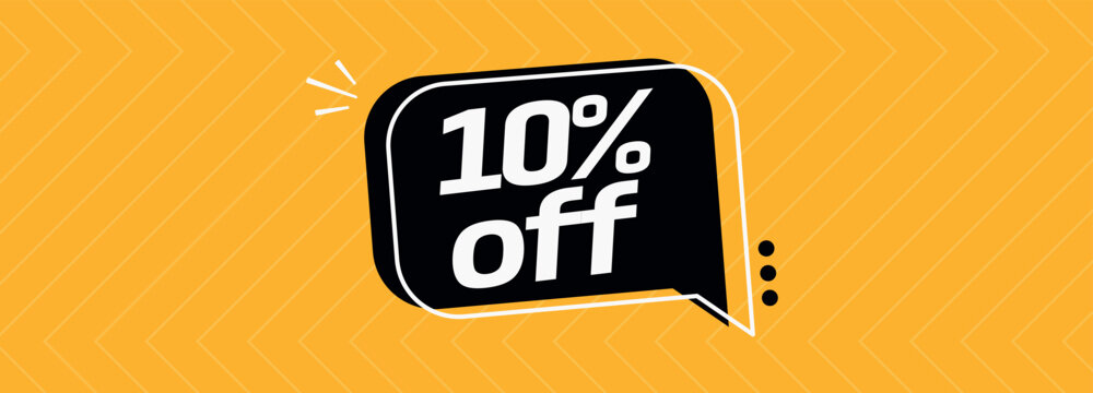 10% off. Banner with special sale five percent off black speech bubble and yellow background.