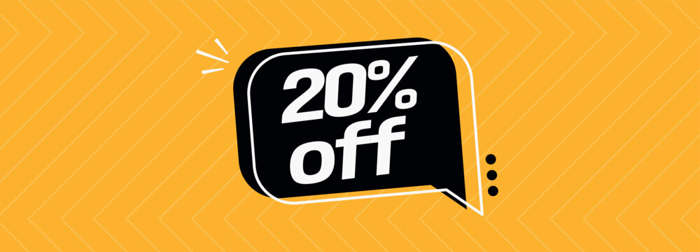 20% off. Banner with special sale five percent off black speech bubble and yellow background.