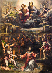 GENOVA, ITALY - MARCH 6, 2023: The painting of Stoning of St. Stephen in the church Chiesa di Santo Stefano by  Giulio Romano (1521).