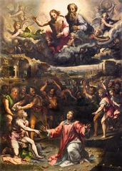 Foto auf Acrylglas GENOVA, ITALY - MARCH 6, 2023: The painting of Stoning of St. Stephen in the church Chiesa di Santo Stefano by  Giulio Romano (1521). © Renáta Sedmáková