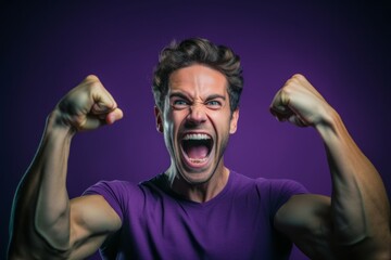Fototapeta premium Close-up portrait photography of a satisfied boy in his 30s making a i'm strong gesture showing muscles against a deep purple background. With generative AI technology