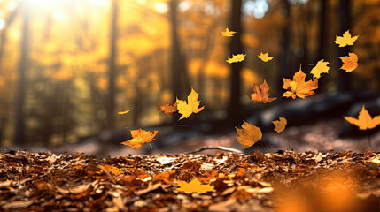 Flying fall leaves on autumn forest background, golden hour, copy space Generative AI