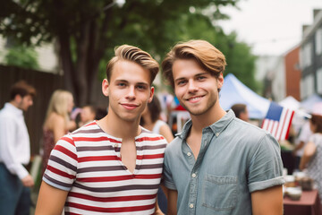 Obraz premium Independence Day 4th July USA two young guys enjoying themselves at a forth of July street party generative AI illustration