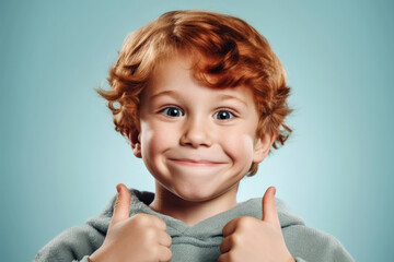 Small ginger red hair boy with freckles, smiling, showing approving thumbs up. He looks cute and innocent, but is probably naughty rascal. Generative AI - obrazy, fototapety, plakaty